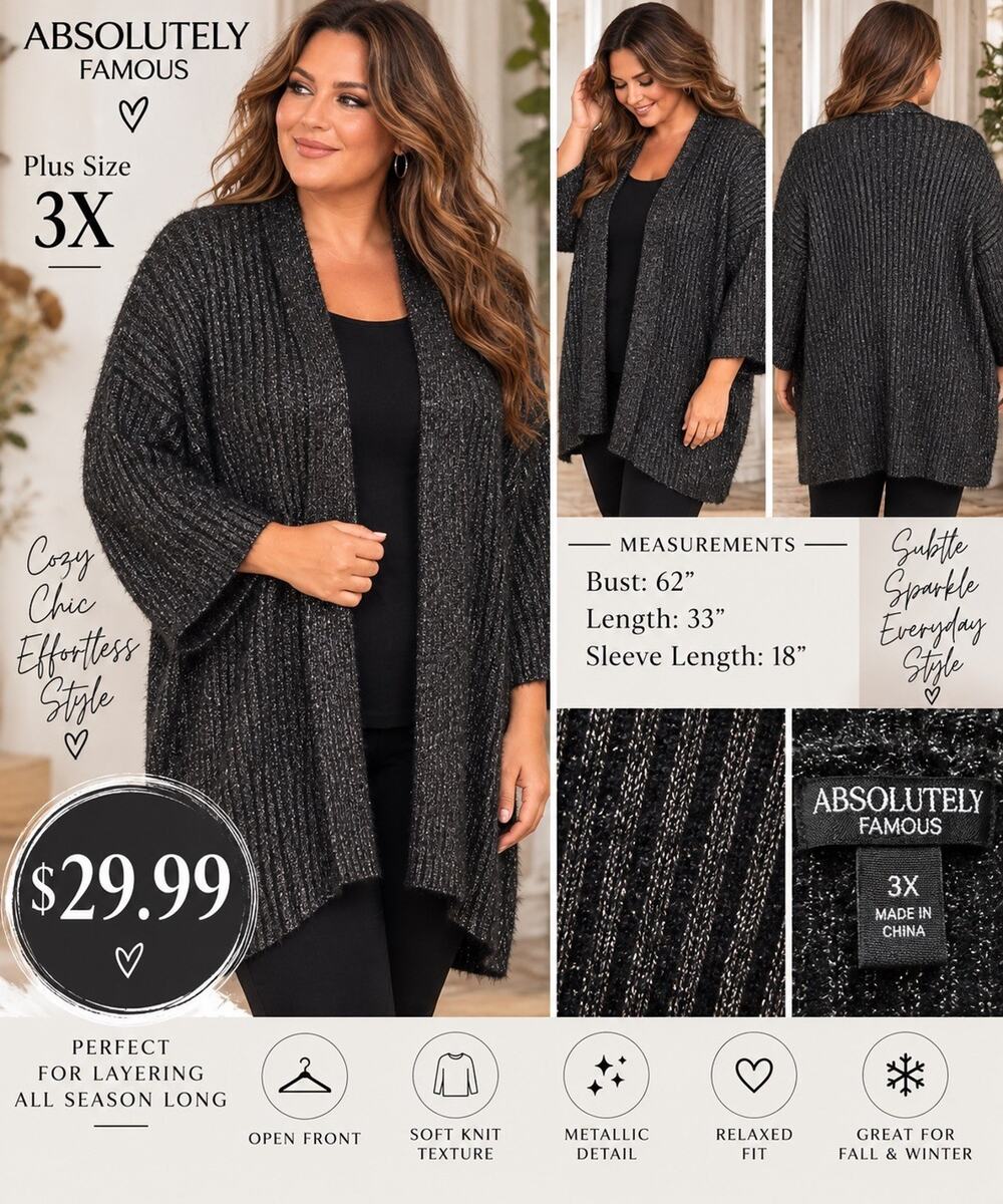 Absolutely Famous Womens 2X Black Metallic Knit Open Front Cardigan Sweater EUC